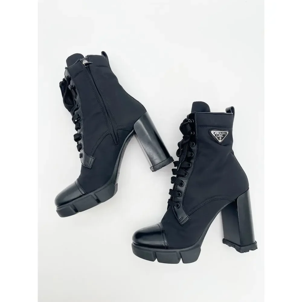 Prada Black Spazzolato Leather Re-Nylon Triangle Logo Lug Sole Ankle Boots IT 40 - Picture 4 of 13
